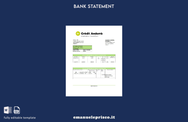 modello Excel di estratto conto bancario di Andorra Credit Andorra in stile veri